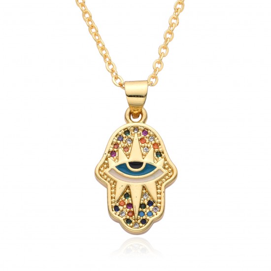 Cross-border supply source: European and American fashion palm, Devil's eye, oil-dropped copper plated with real gold, slightly set zircon necklace for women Cross-border supply source: European and American fashion palm, Devil's eye, oil-dropped copper plated with real gold, slightly set zircon necklace for women