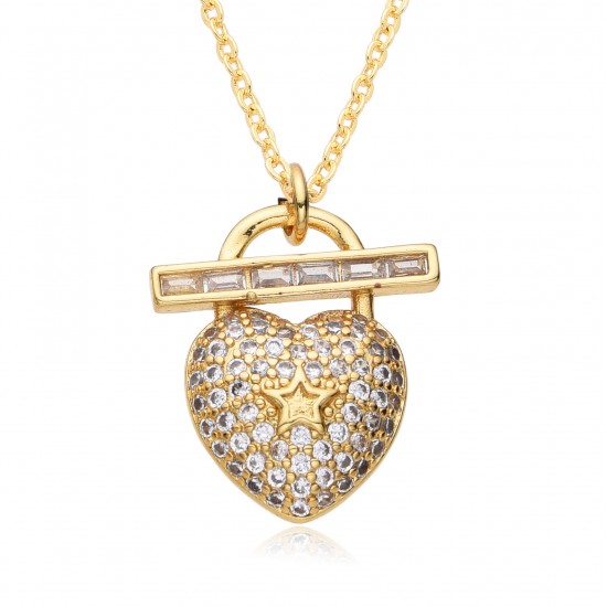Cross-border high-end style lock key pendant necklace from Europe, America, Japan and South Korea, women's copper gold-plated love heart, slightly set zircon collarbone chain Cross-border high-end style lock key pendant necklace from Europe, America, Japan and South Korea, women's copper gold-plated love heart, slightly set zircon collarbone chain