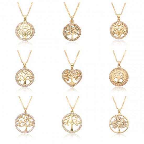 Round hollowed-out life tree pendant necklaces, European-style zircon necklaces for women, and geometric collarbone chains are popular in Europe and America Round hollowed-out life tree pendant necklaces, European-style zircon necklaces for women, and geometric collarbone chains are popular in Europe and America