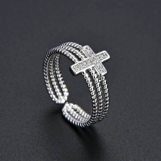 Wholesale multi-layer diamond-encrusted zircon cross ring with adjustable opening for women's index finger rings in stock for cross-border trade in Europe and America Wholesale multi-layer diamond-encrusted zircon cross ring with adjustable opening for women's index finger rings in stock for cross-border trade in Europe and America