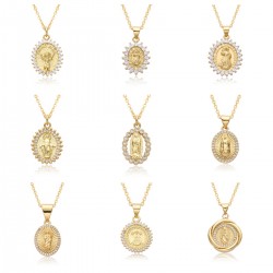 European and American cross-border religious personality statue collarbone chain Zircon eco-friendly copper pendant necklace, copper plated 18kC151