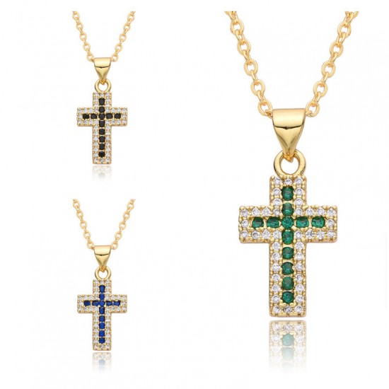 Exaggerated street trend hip-hop sweet and cool style, slightly inlaid colorful cross necklace pendant, personalized and versatile collarbone chain Exaggerated street trend hip-hop sweet and cool style, slightly inlaid colorful cross necklace pendant, personalized and versatile collarbone chain