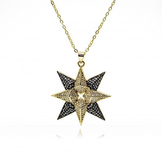 Cross-border copper-plated 18k real gold slightly inlaid light luxury zircon pendant, versatile necklace, personalized octagonal star trend collarbone chain Cross-border copper-plated 18k real gold slightly inlaid light luxury zircon pendant, versatile necklace, personalized octagonal star trend collarbone chain