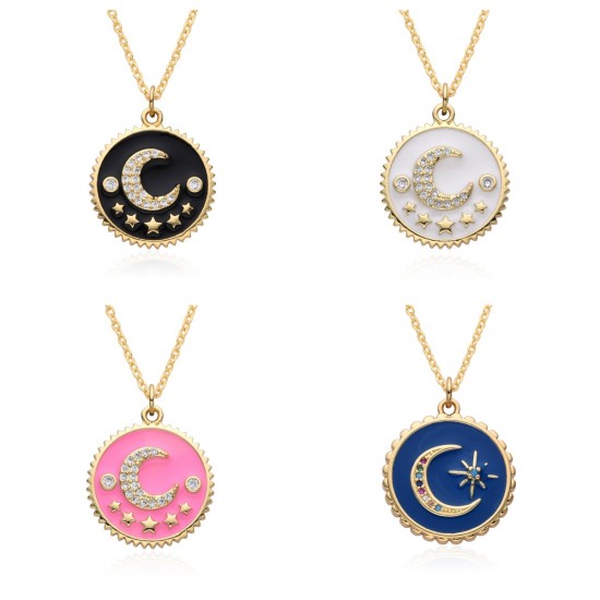 Cross-border sources of European and American fashion oil-drop moon and star geometric pendant necklaces, INS copper micro-set accessories Cross-border sources of European and American fashion oil-drop moon and star geometric pendant necklaces, INS copper micro-set accessories