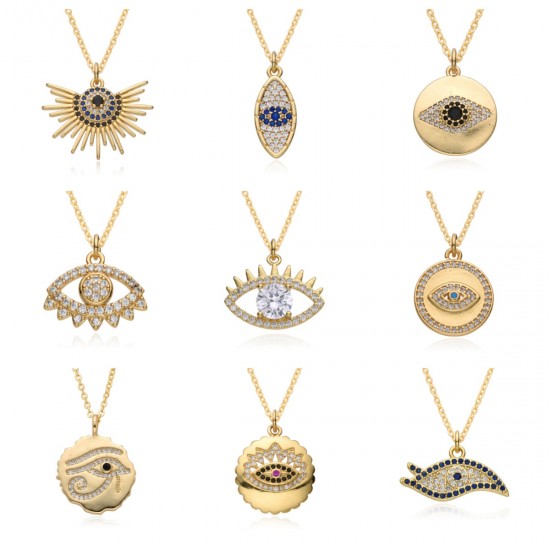 European and American retro style 18K gold hollowed-out Devil's Eye zircon slightly set pendant copper gold-plated necklace for INS ladies European and American retro style 18K gold hollowed-out Devil's Eye zircon slightly set pendant copper gold-plated necklace for INS ladies
