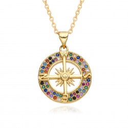 French light luxury Polaris pendant round plate zirconium-inlaid sweater chain octagonal star necklace copper plated with slightly set 18K gold necklace