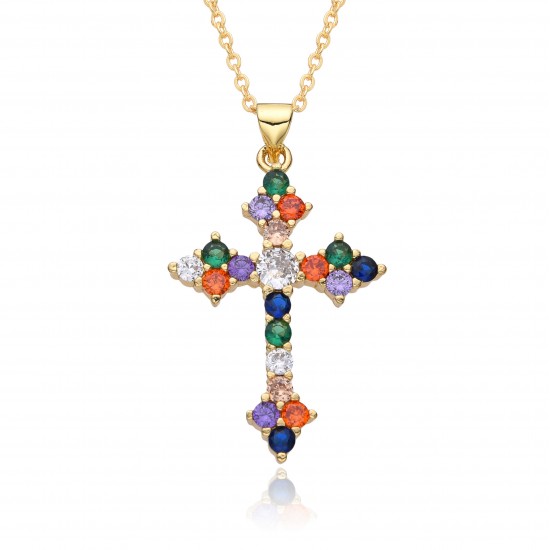 Amazon cross-border bestseller colorful zircon cross accessory pendant Hip-hop necklace female wholesale SHEIN.TEMU Amazon cross-border bestseller colorful zircon cross accessory pendant Hip-hop necklace female wholesale SHEIN.TEMU