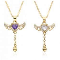 A zircon necklace featuring a female Cupid's heart, a trendy, light luxury and niche design with angel wings and heart-shaped tassels