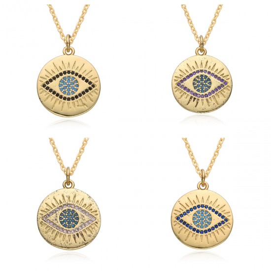 Amazon Europe and America cross-border micro-set colored diamond Bohemian Devil's Eye Disc pendant necklace Amazon Europe and America cross-border micro-set colored diamond Bohemian Devil's Eye Disc pendant necklace