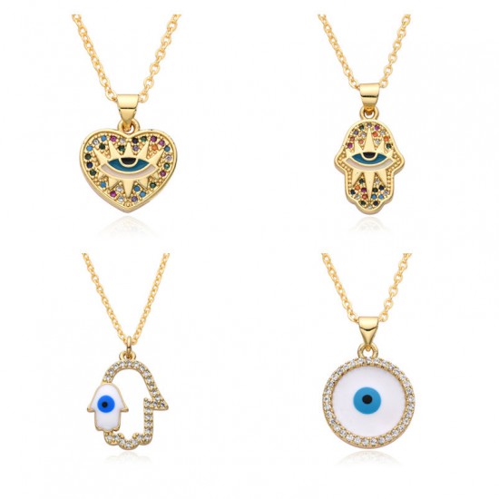 Cross-border supply source: European and American fashion palm, Devil's eye, oil-dropped copper plated with real gold, slightly set zircon necklace for women Cross-border supply source: European and American fashion palm, Devil's eye, oil-dropped copper plated with real gold, slightly set zircon necklace for women