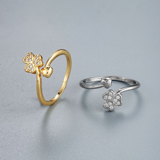 The lucky four-leaf clover diamond-encrusted zircon CZ ring for women in Europe and America is simple, light and luxurious, with a unique and sweet opening design The lucky four-leaf clover diamond-encrusted zircon CZ ring for women in Europe and America is simple, light and luxurious, with a unique and sweet opening design