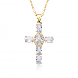 2023 new copper slightly set zircon necklace, multi-color cross pendant, hip-hop necklace, collarbone chain E021