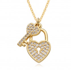 Cross-border high-end style lock key pendant necklace from Europe, America, Japan and South Korea, women's copper gold-plated love heart, slightly set zircon collarbone chain