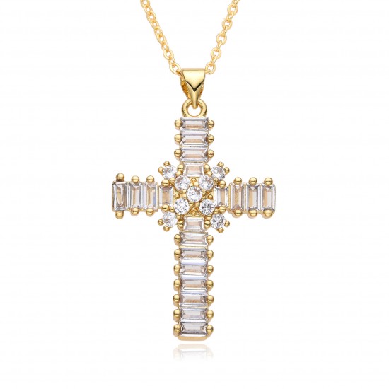 European and American cross-border jewelry, ins style fashion, slightly set colored zircon geometric cross pendant necklace for women European and American cross-border jewelry, ins style fashion, slightly set colored zircon geometric cross pendant necklace for women