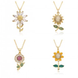 New European and American light luxury full-diamond zircon sunflower flower pendant necklace for women, simple and niche collarbone chain accessory