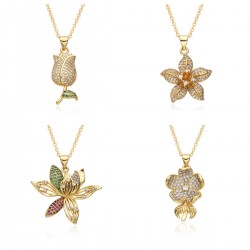 Wholesale of brass gold-plated zircon lotus pendants and exquisite flower jewelry necklaces from Europe and America in stock