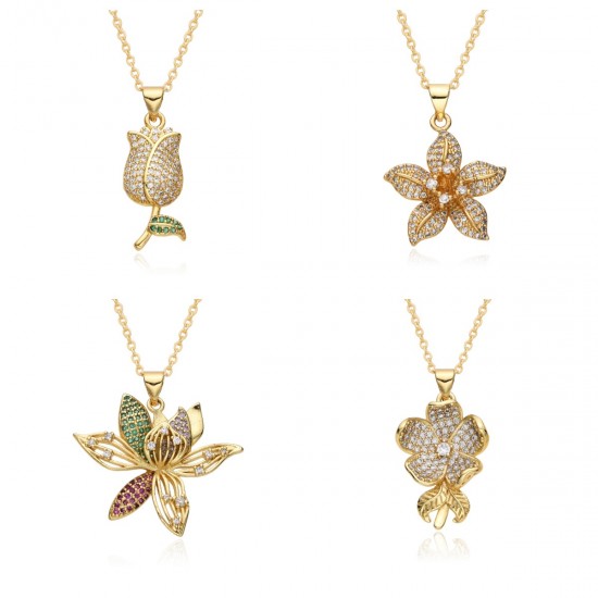 Wholesale of brass gold-plated zircon lotus pendants and exquisite flower jewelry necklaces from Europe and America in stock Wholesale of brass gold-plated zircon lotus pendants and exquisite flower jewelry necklaces from Europe and America in stock