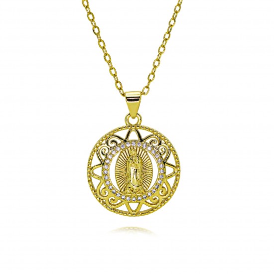 European and American cross-border religious personality statue collarbone chain Zircon Catholic Virgin Mary pendant necklace copper plated with 18k real gold European and American cross-border religious personality statue collarbone chain Zircon Catholic Virgin Mary pendant necklace copper plated with 18k real gold