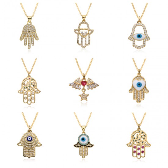 New cross-border Turkish Devil's Eye men's and women's necklaces from Europe and America, gold-plated palm oil eye Fatima pendant New cross-border Turkish Devil's Eye men's and women's necklaces from Europe and America, gold-plated palm oil eye Fatima pendant