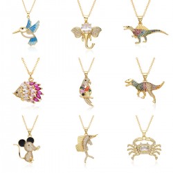 European and American personalized creative copper gold-plated micro-inlaid colored zircon dinosaur pendant necklace, cartoon cute necklace accessory for women