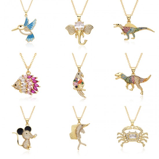 European and American personalized creative copper gold-plated micro-inlaid colored zircon dinosaur pendant necklace, cartoon cute necklace accessory for women European and American personalized creative copper gold-plated micro-inlaid colored zircon dinosaur pendant necklace, cartoon cute necklace accessory for women