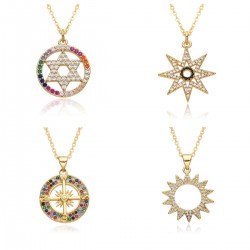 French light luxury Polaris pendant round plate zirconium-inlaid sweater chain octagonal star necklace copper plated with slightly set 18K gold necklace