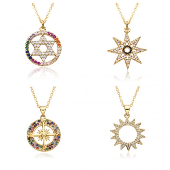 French light luxury Polaris pendant round plate zirconium-inlaid sweater chain octagonal star necklace copper plated with slightly set 18K gold necklace French light luxury Polaris pendant round plate zirconium-inlaid sweater chain octagonal star necklace copper plated with slightly set 18K gold necklace