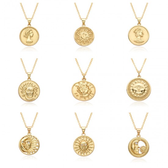 European and American cross-border fashion and creative pendant jewelry, copper plated 18K gold hollowed-out sun and moon necklace European and American cross-border fashion and creative pendant jewelry, copper plated 18K gold hollowed-out sun and moon necklace