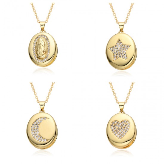 European and American cross-border oval photo box album, eye moon slightly set, Virgin Mary pendant, opening and closing necklace, copper gold-plated European and American cross-border oval photo box album, eye moon slightly set, Virgin Mary pendant, opening and closing necklace, copper gold-plated