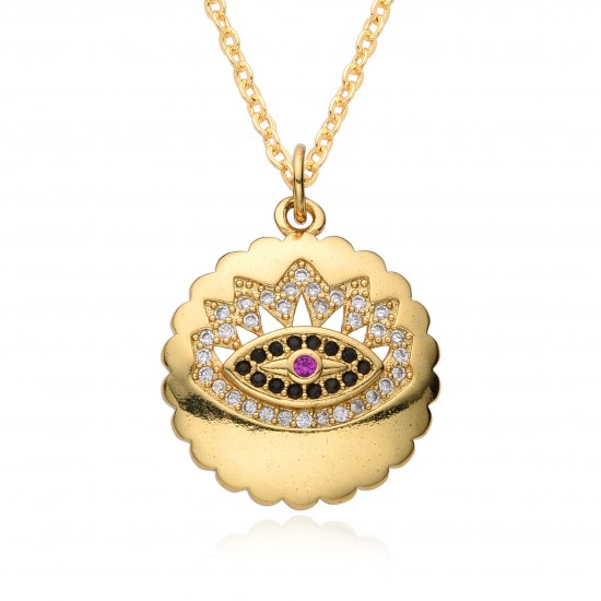 European and American retro style 18K gold hollowed-out Devil's Eye zircon slightly set pendant copper gold-plated necklace for INS ladies European and American retro style 18K gold hollowed-out Devil's Eye zircon slightly set pendant copper gold-plated necklace for INS ladies