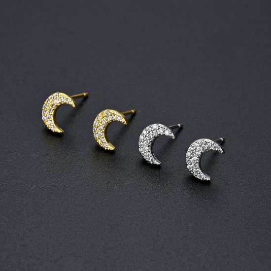 Cross-border European, American and Korean version diamond-encrusted zircon CZ moon earrings, color-preserving gold and silver women's earrings, fresh and sweet in stock Cross-border European, American and Korean version diamond-encrusted zircon CZ moon earrings, color-preserving gold and silver women's earrings, fresh and sweet in stock