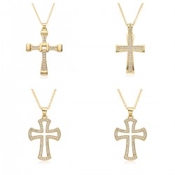 Korean version cross pendant simple necklace, women's necklace, export fashion crystal, European and American men's micro-set openwork necklace