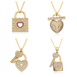 Cross-border high-end style lock key pendant necklace from Europe, America, Japan and South Korea, women's copper gold-plated love heart, slightly set zircon collarbone chain