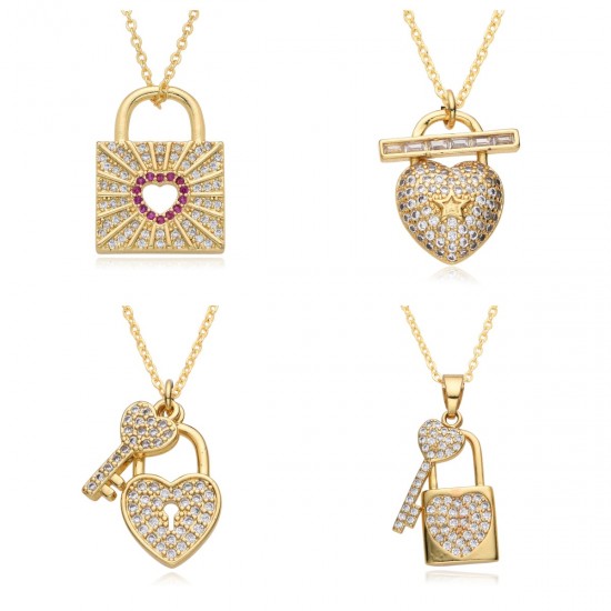 Cross-border high-end style lock key pendant necklace from Europe, America, Japan and South Korea, women's copper gold-plated love heart, slightly set zircon collarbone chain Cross-border high-end style lock key pendant necklace from Europe, America, Japan and South Korea, women's copper gold-plated love heart, slightly set zircon collarbone chain