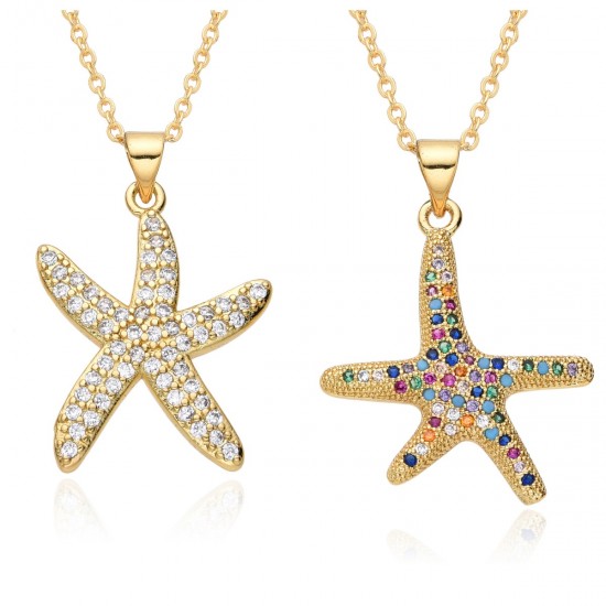 The French light luxury style zircon starfish pendant women's necklace, set with zircon real gold and coated copper pendant necklace, is niche The French light luxury style zircon starfish pendant women's necklace, set with zircon real gold and coated copper pendant necklace, is niche