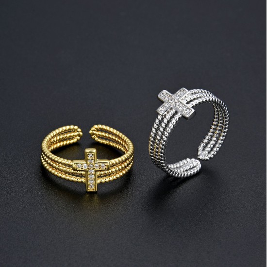 Wholesale multi-layer diamond-encrusted zircon cross ring with adjustable opening for women's index finger rings in stock for cross-border trade in Europe and America Wholesale multi-layer diamond-encrusted zircon cross ring with adjustable opening for women's index finger rings in stock for cross-border trade in Europe and America