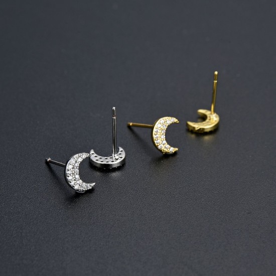 Cross-border European, American and Korean version diamond-encrusted zircon CZ moon earrings, color-preserving gold and silver women's earrings, fresh and sweet in stock Cross-border European, American and Korean version diamond-encrusted zircon CZ moon earrings, color-preserving gold and silver women's earrings, fresh and sweet in stock