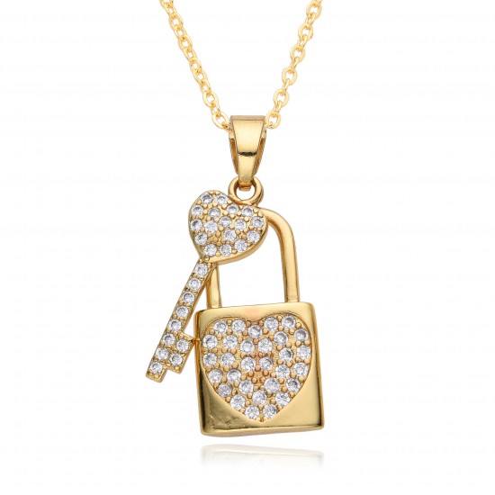 Cross-border high-end style lock key pendant necklace from Europe, America, Japan and South Korea, women's copper gold-plated love heart, slightly set zircon collarbone chain Cross-border high-end style lock key pendant necklace from Europe, America, Japan and South Korea, women's copper gold-plated love heart, slightly set zircon collarbone chain
