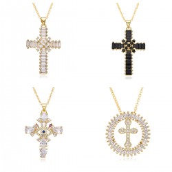 European and American cross-border jewelry, ins style fashion, slightly set colored zircon geometric cross pendant necklace for women
