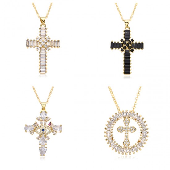 European and American cross-border jewelry, ins style fashion, slightly set colored zircon geometric cross pendant necklace for women European and American cross-border jewelry, ins style fashion, slightly set colored zircon geometric cross pendant necklace for women