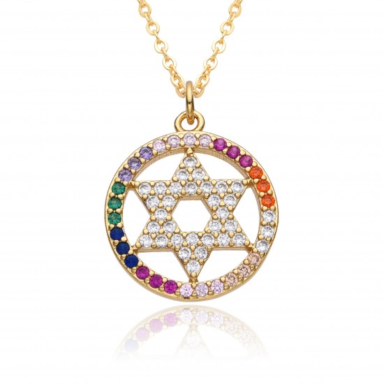 French light luxury Polaris pendant round plate zirconium-inlaid sweater chain octagonal star necklace copper plated with slightly set 18K gold necklace French light luxury Polaris pendant round plate zirconium-inlaid sweater chain octagonal star necklace copper plated with slightly set 18K gold necklace