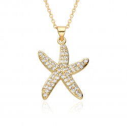 The French light luxury style zircon starfish pendant women's necklace, set with zircon real gold and coated copper pendant necklace, is niche