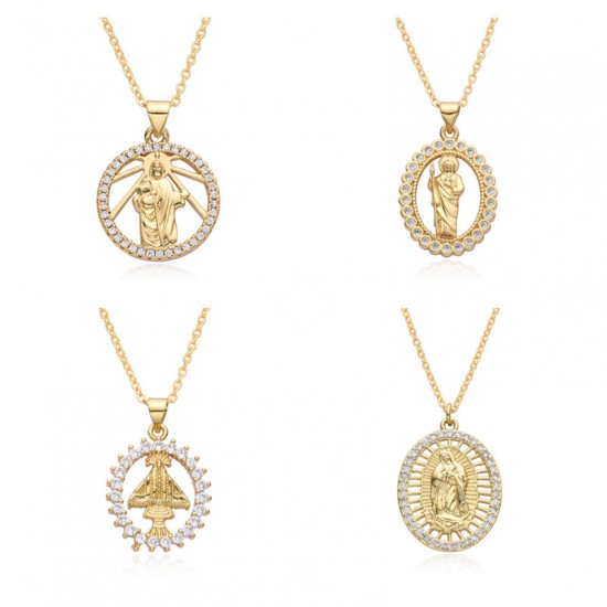 This European and American copper-plated 18K gold zircon Virgin Mary geometric pendant necklace is a new and unique female niche accessory This European and American copper-plated 18K gold zircon Virgin Mary geometric pendant necklace is a new and unique female niche accessory