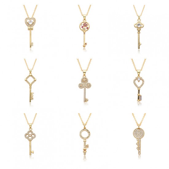 18k gold color-preserving heart key necklace, female ins collarbone chain, Korean version crystal zircon pendant necklace 18k gold color-preserving heart key necklace, female ins collarbone chain, Korean version crystal zircon pendant necklace