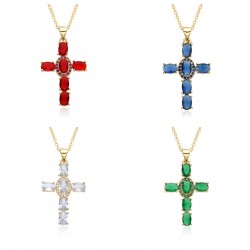 2023 new copper slightly set zircon necklace, multi-color cross pendant, hip-hop necklace, collarbone chain E021